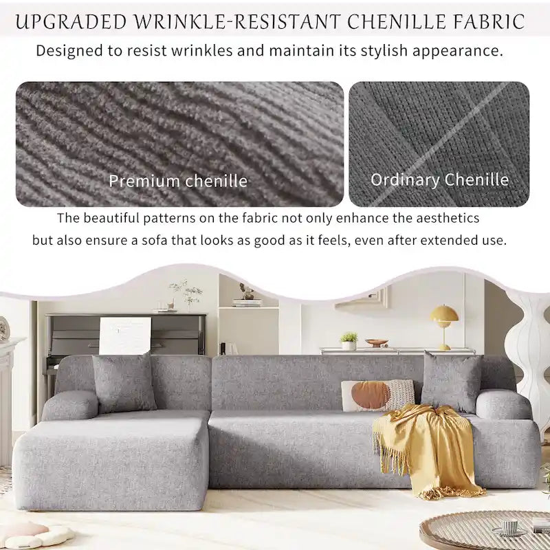 L-Shape Sofa - 111"W, 27" Deep Seat, High-Density Foam, Chenille Fabric, 400 lbs Capacity, 3-Seater with Pillows