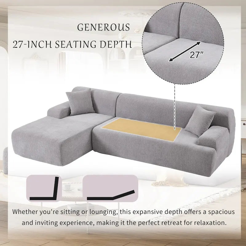L-Shape Sofa - 111"W, 27" Deep Seat, High-Density Foam, Chenille Fabric, 400 lbs Capacity, 3-Seater with Pillows