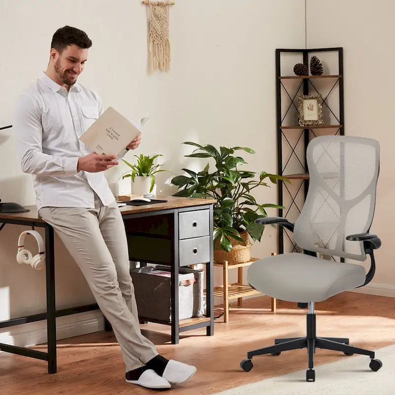 Ergonomic Office Chair - Mesh Back, Adjustable Height/Tilt, 3D Armrests, Lumbar Support, Breathable, Grey, Modern