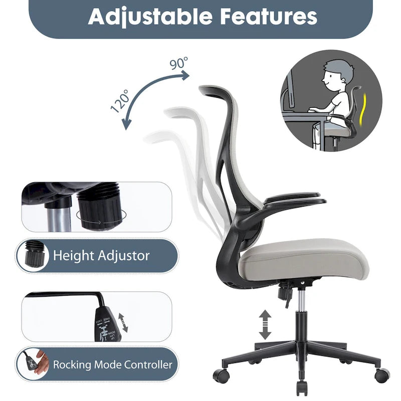 Ergonomic Office Chair - Mesh Back, Adjustable Height/Tilt, 3D Armrests, Lumbar Support, Breathable, Grey, Modern
