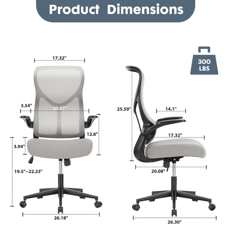 Ergonomic Office Chair - Mesh Back, Adjustable Height/Tilt, 3D Armrests, Lumbar Support, Breathable, Grey, Modern