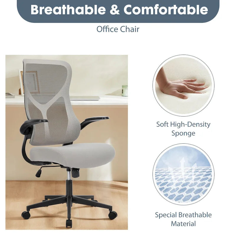 Ergonomic Office Chair - Mesh Back, Adjustable Height/Tilt, 3D Armrests, Lumbar Support, Breathable, Grey, Modern