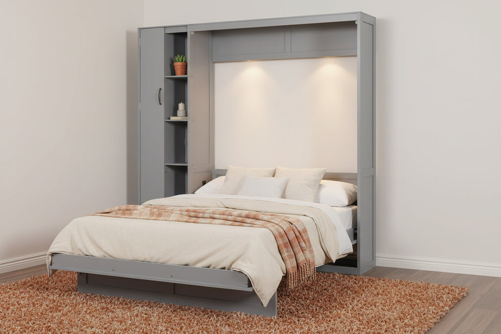 Full/Queen Size Murphy Bed Wall Bed with Small Wardrobe and LED Lights, Foldable Murphy Cabinet Bed with Storage Shelves