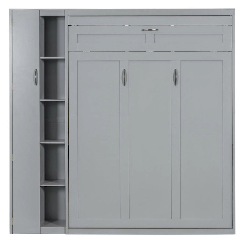 Murphy Bed - Full/Queen, Foldable, LED Lights, Wardrobe, Storage Shelves, 750 lbs, MDF/Plywood, Grey/White