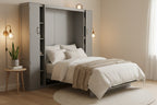 Murphy Bed - Full/Queen, Foldable, LED Lights, Wardrobe, Storage Shelves, 750 lbs, MDF/Plywood, Grey/White