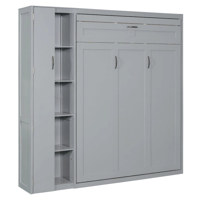 Murphy Bed - Full/Queen, Foldable, LED Lights, Wardrobe, Storage Shelves, 750 lbs, MDF/Plywood, Grey/White