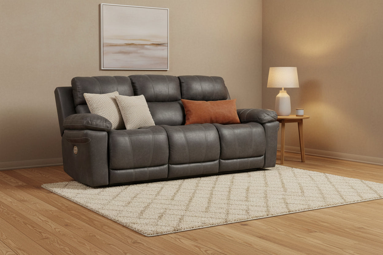 Ben Power Recliner Adjustable Headrest Sofa, 89 Inch Gray Faux Leather