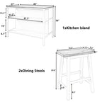 Kitchen Island - 45"L x 27"W x 36"H, Solid Rubber Wood, 2 Stools, 2 Shelves, 200 lbs, Walnut, Rustic