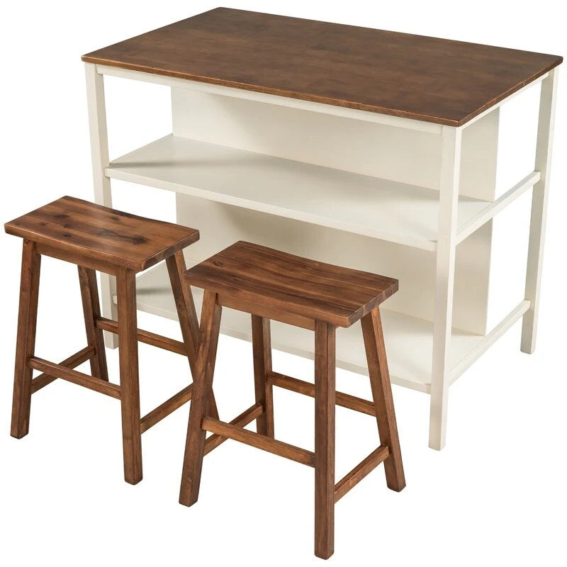 Kitchen Island - 45"L x 27"W x 36"H, Solid Rubber Wood, 2 Stools, 2 Shelves, 200 lbs, Walnut, Rustic