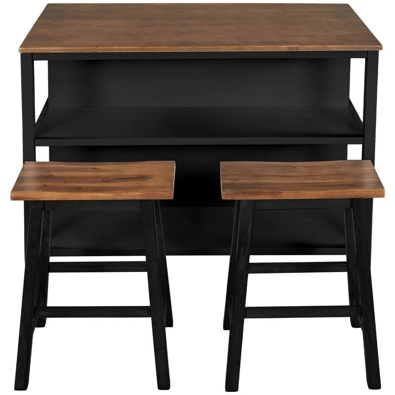 Kitchen Island - 45"L x 27"W x 36"H, Solid Rubber Wood, 2 Stools, 2 Shelves, 200 lbs, Walnut, Rustic