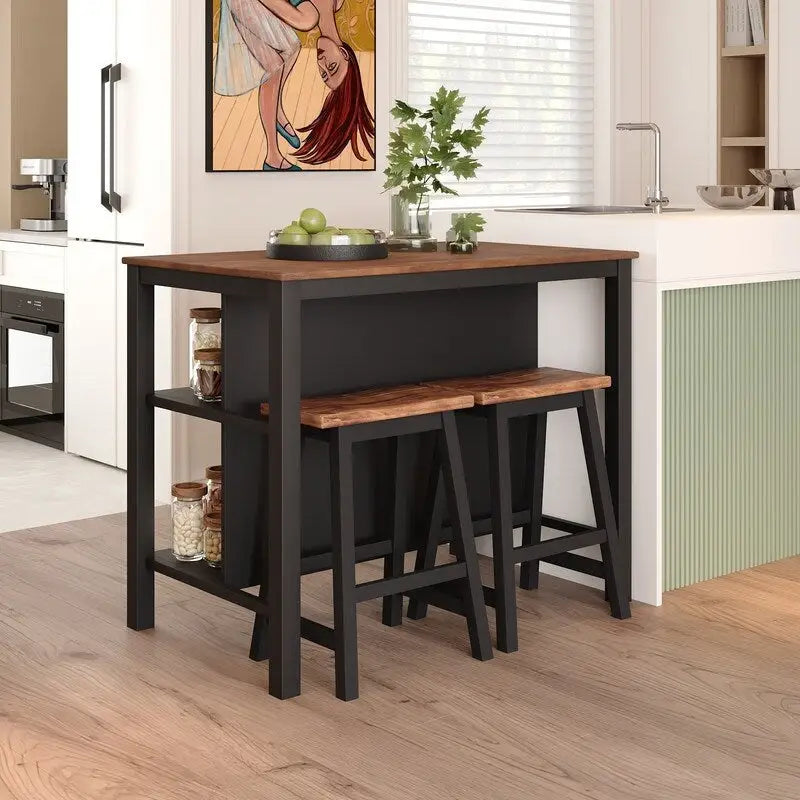 Kitchen Island - 45"L x 27"W x 36"H, Solid Rubber Wood, 2 Stools, 2 Shelves, 200 lbs, Walnut, Rustic