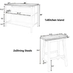 Kitchen Island - 45"L x 27"W x 36"H, Solid Rubber Wood, 2 Stools, 2 Shelves, 200 lbs, Walnut, Rustic