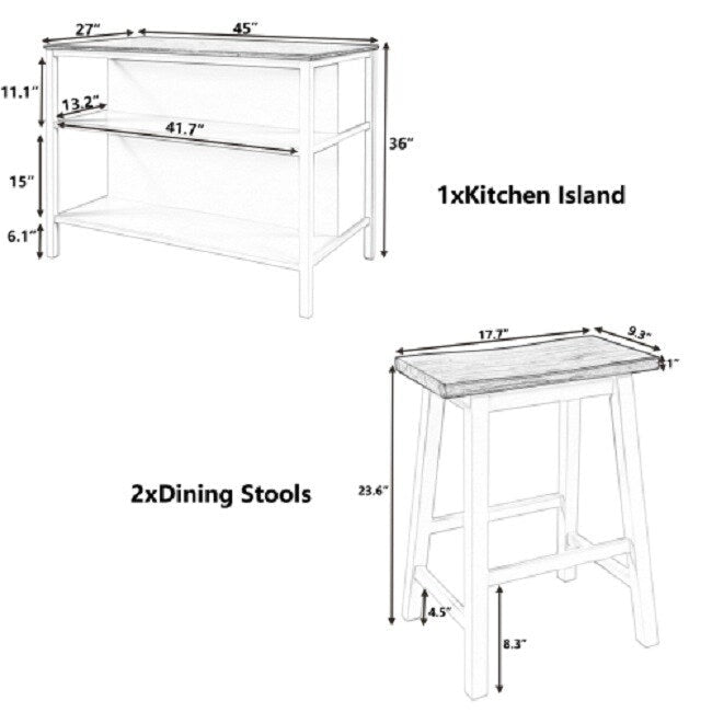 Kitchen Island - 45"L x 27"W x 36"H, Solid Rubber Wood, 2 Stools, 2 Shelves, 200 lbs, Walnut, Rustic