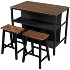 Kitchen Island - 45"L x 27"W x 36"H, Solid Rubber Wood, 2 Stools, 2 Shelves, 200 lbs, Walnut, Rustic