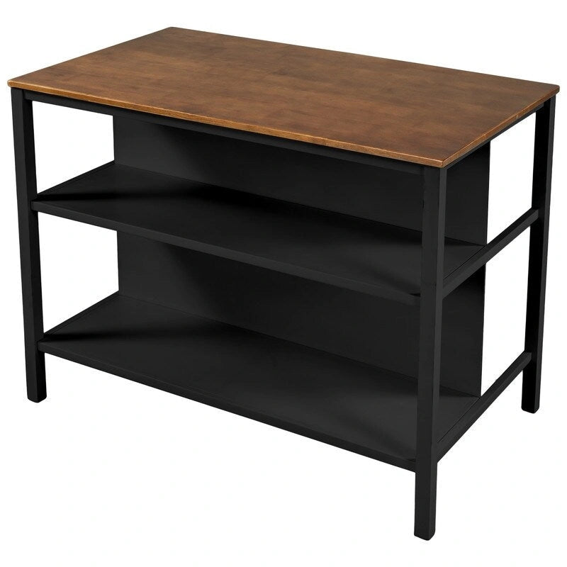 Kitchen Island - 45"L x 27"W x 36"H, Solid Rubber Wood, 2 Stools, 2 Shelves, 200 lbs, Walnut, Rustic