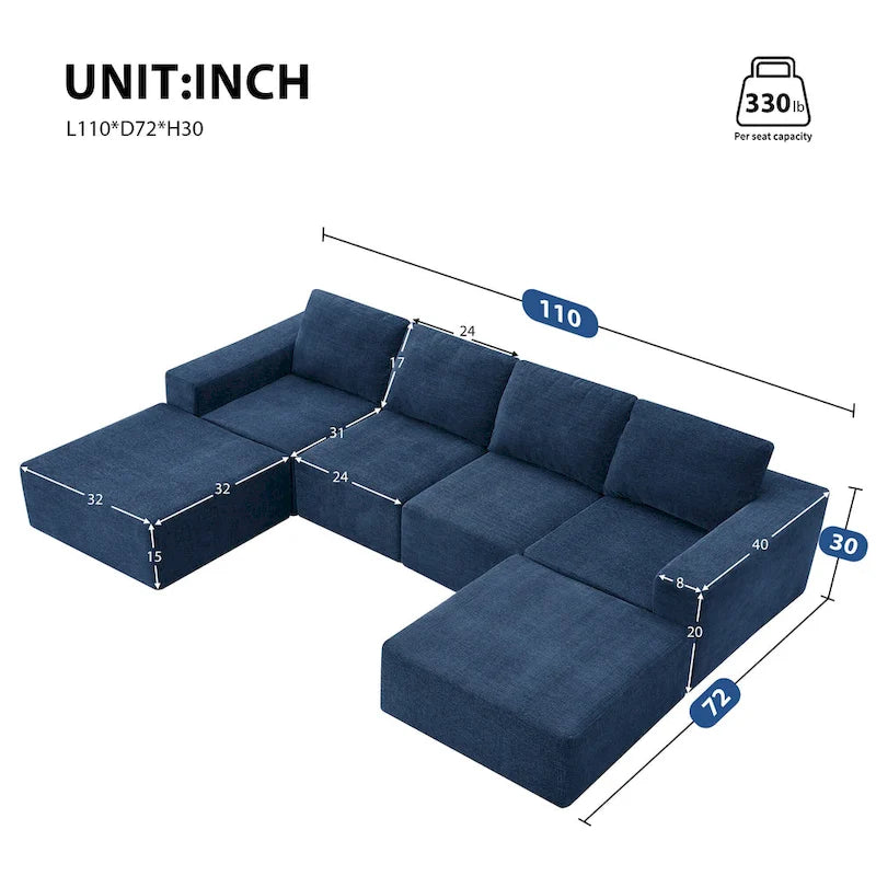 U-Shaped Modular Sofa - 6-Seat, Chenille Upholstery, Foam & Spring Cushions, 110"L, No Assembly, 330 lbs/Seat
