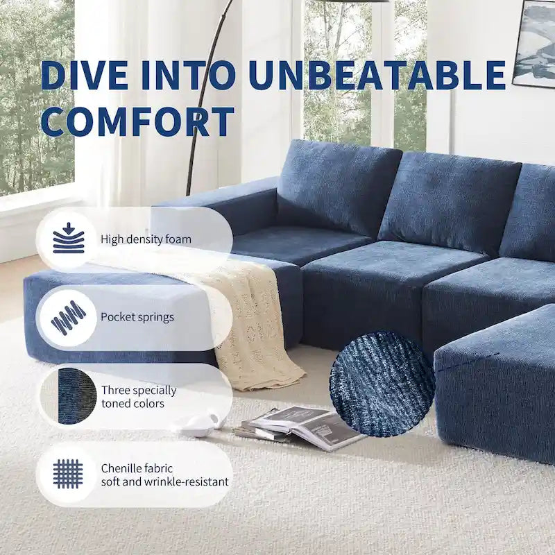 U-Shaped Modular Sofa - 6-Seat, Chenille Upholstery, Foam & Spring Cushions, 110"L, No Assembly, 330 lbs/Seat