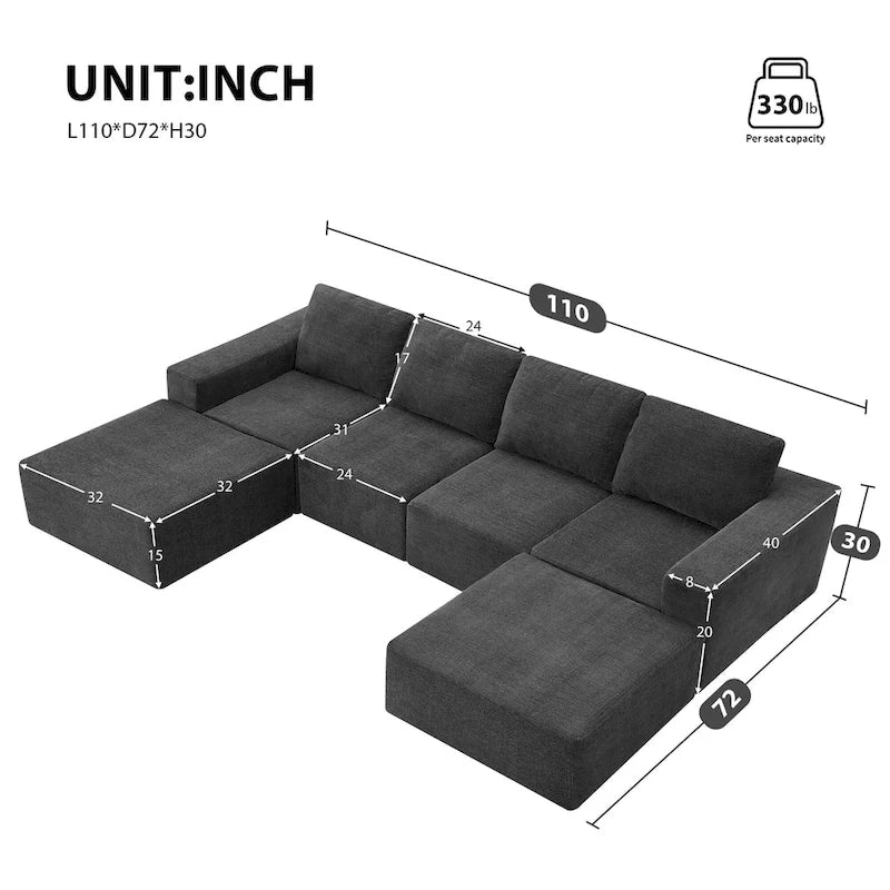 U-Shaped Modular Sofa - 6-Seat, Chenille Upholstery, Foam & Spring Cushions, 110"L, No Assembly, 330 lbs/Seat
