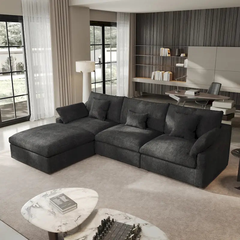 Cloud Sofa - Linen Blend, Deep Seat, Sponge & Down Feather Fill, Removable Covers, L-Shape, 4 Colors, Minimalist, Wooden Frame