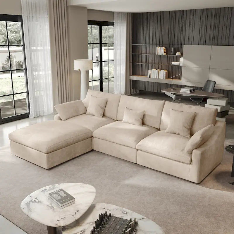 Cloud Sofa - Linen Blend, Deep Seat, Sponge & Down Feather Fill, Removable Covers, L-Shape, 4 Colors, Minimalist, Wooden Frame