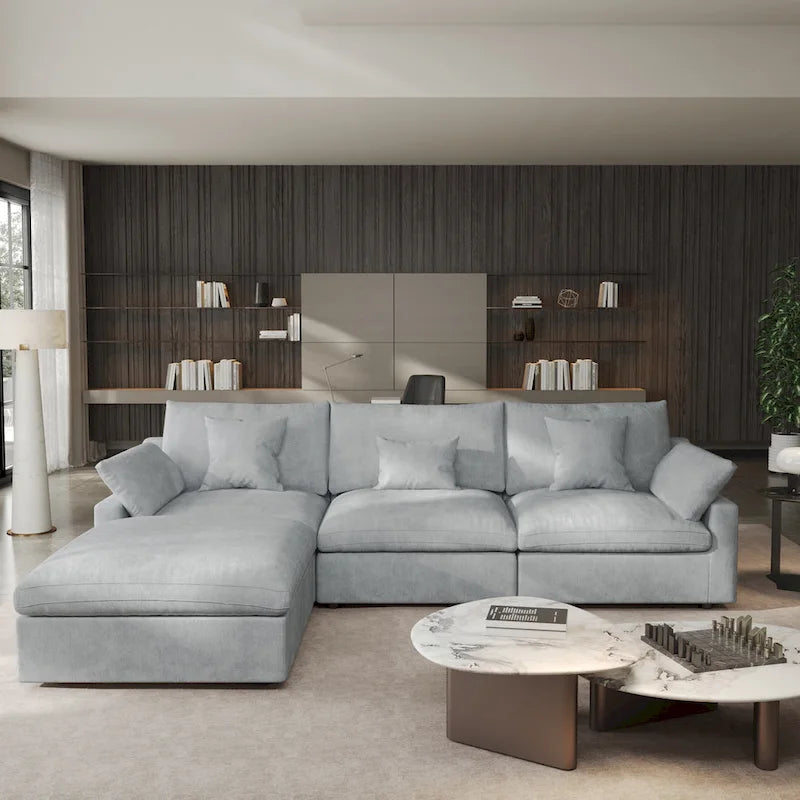 Cloud Sofa - Linen Blend, Deep Seat, Sponge & Down Feather Fill, Removable Covers, L-Shape, 4 Colors, Minimalist, Wooden Frame