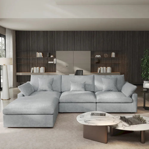 Cloud Sofa - Linen Blend, Deep Seat, Sponge & Down Feather Fill, Removable Covers, L-Shape, 4 Colors, Minimalist, Wooden Frame