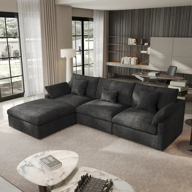 Cloud Sofa - Linen Blend, Deep Seat, Sponge & Down Feather Fill, Removable Covers, L-Shape, 4 Colors, Minimalist, Wooden Frame