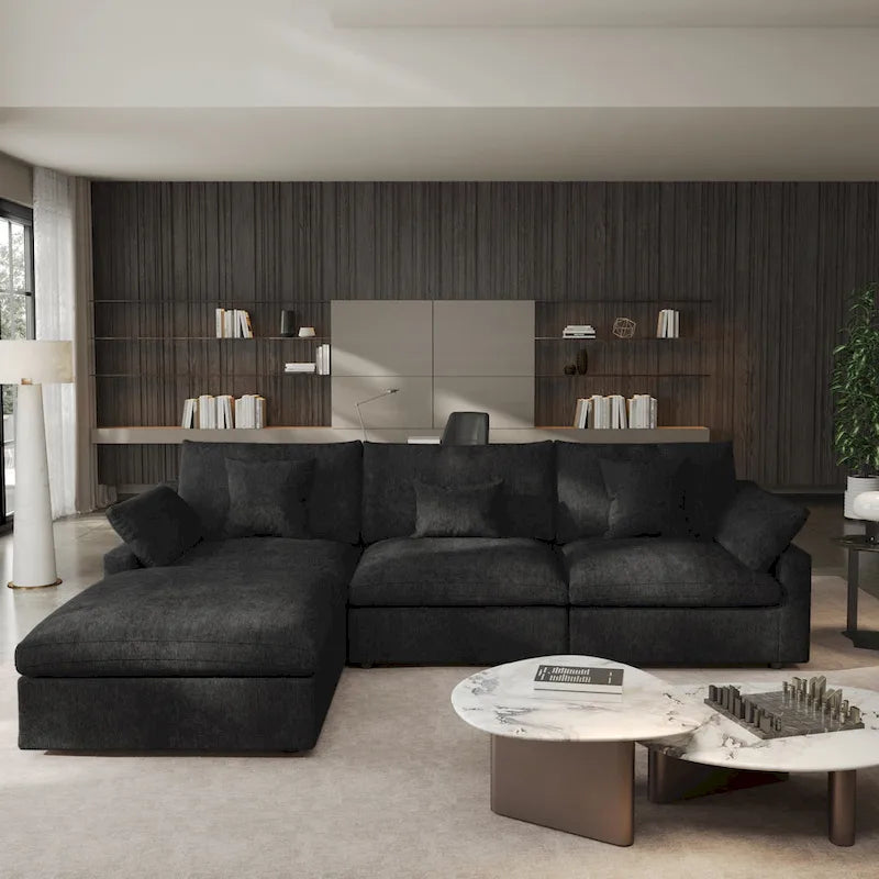 Cloud Sofa - Linen Blend, Deep Seat, Sponge & Down Feather Fill, Removable Covers, L-Shape, 4 Colors, Minimalist, Wooden Frame