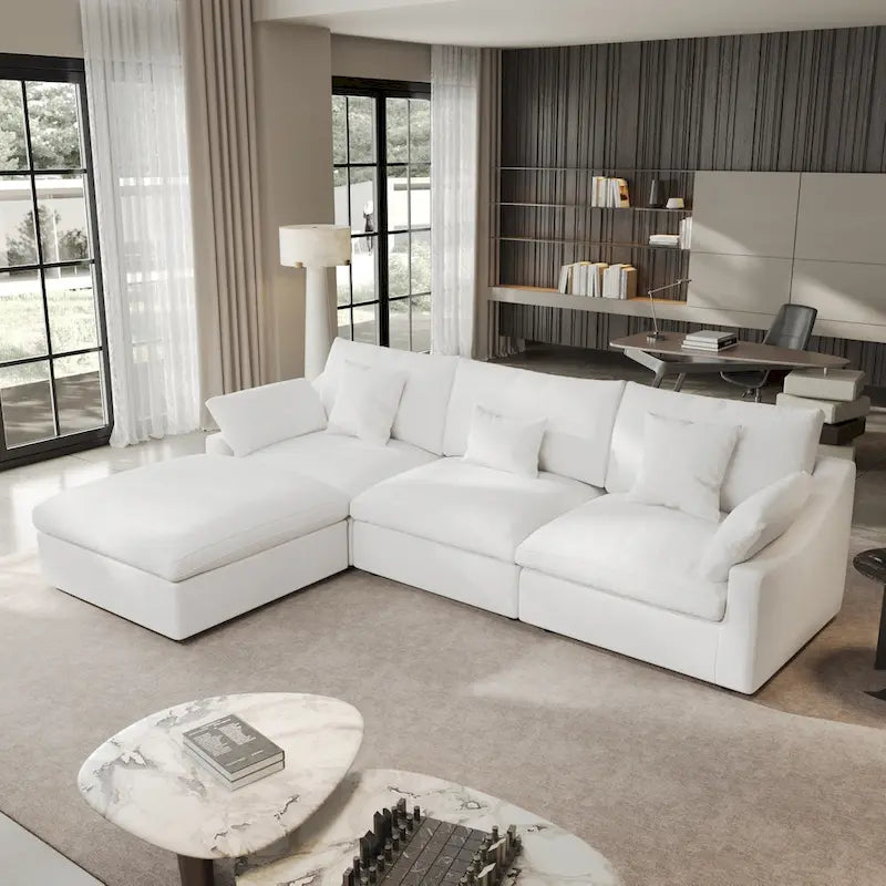 Cloud Sofa - Linen Blend, Deep Seat, Sponge & Down Feather Fill, Removable Covers, L-Shape, 4 Colors, Minimalist, Wooden Frame