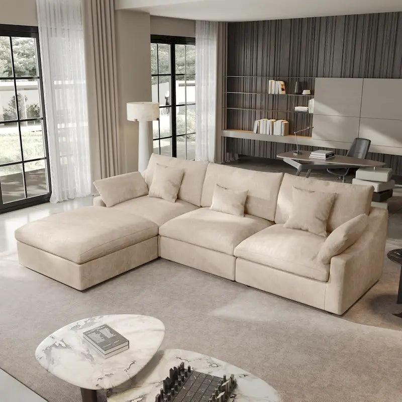 Cloud Sofa - Linen Blend, Deep Seat, Sponge & Down Feather Fill, Removable Covers, L-Shape, 4 Colors, Minimalist, Wooden Frame