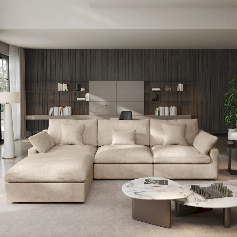 Cloud Sofa - Linen Blend, Deep Seat, Sponge & Down Feather Fill, Removable Covers, L-Shape, 4 Colors, Minimalist, Wooden Frame