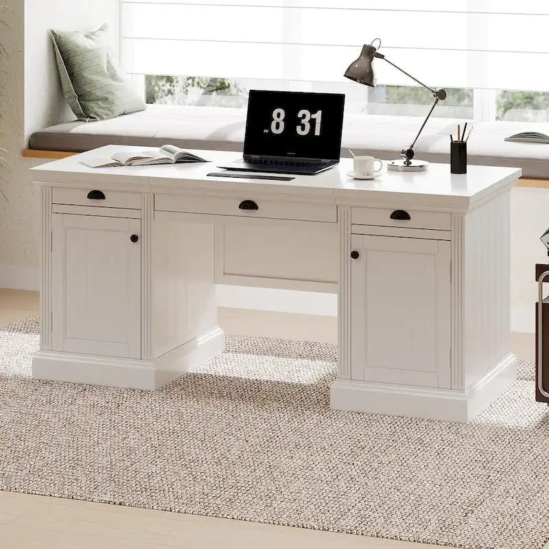 Executive Desk - Computer Desk, 2 Cabinets, 3 Drawers, MDF/Solid Wood, Silent Glides, Privacy Panel, White, Modern