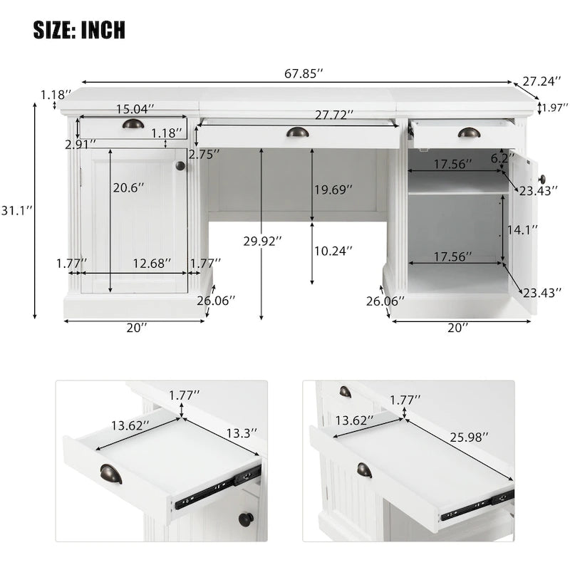Executive Desk - Computer Desk, 2 Cabinets, 3 Drawers, MDF/Solid Wood, Silent Glides, Privacy Panel, White, Modern