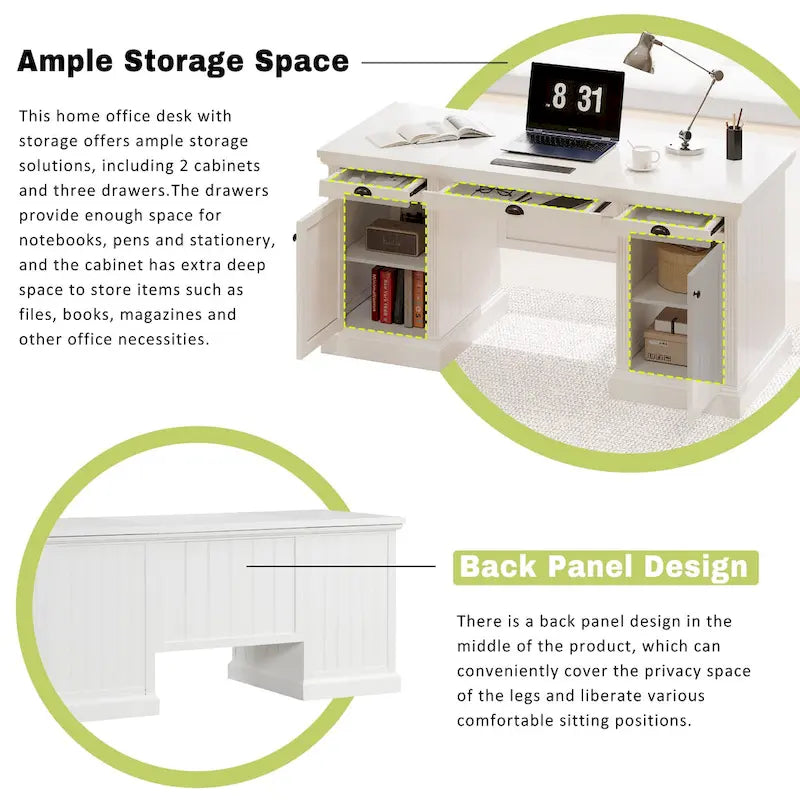 Executive Desk - Computer Desk, 2 Cabinets, 3 Drawers, MDF/Solid Wood, Silent Glides, Privacy Panel, White, Modern