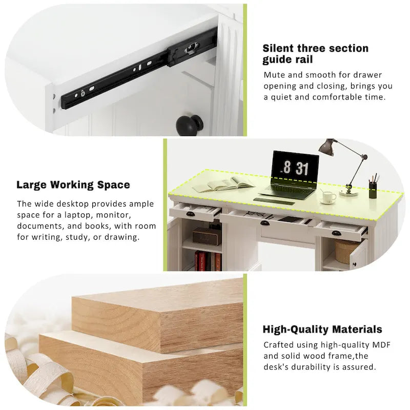 Executive Desk - Computer Desk, 2 Cabinets, 3 Drawers, MDF/Solid Wood, Silent Glides, Privacy Panel, White, Modern