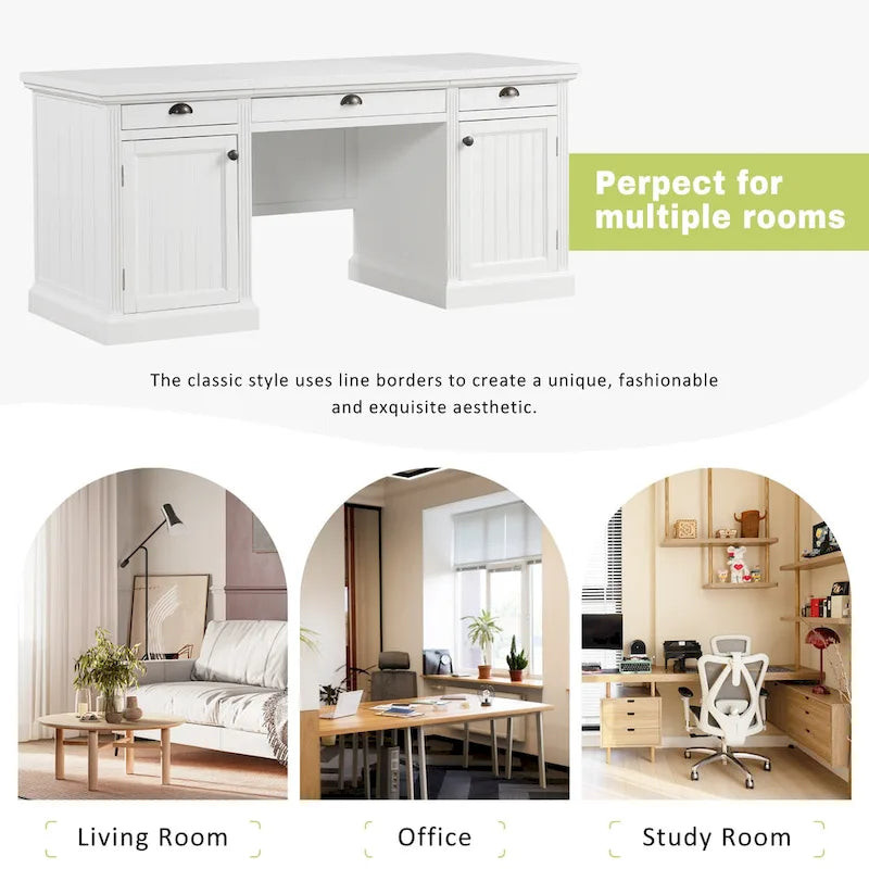 Executive Desk - Computer Desk, 2 Cabinets, 3 Drawers, MDF/Solid Wood, Silent Glides, Privacy Panel, White, Modern