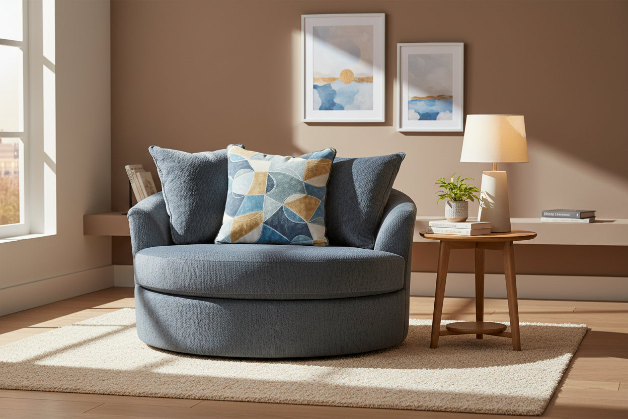 Maxo Accent Oversize Chair, 56 Inch, 360 Swivel, 3 Throw Pillows, Blue