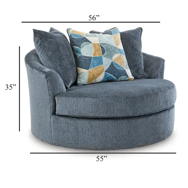 Oversized Swivel Accent Chair - 56"L x 55"W x 35"H, 360° Swivel, Polyester, High-Resiliency Foam, 3 Pillows, Blue, Modern
