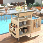 40.5" Outdoor Grill Cart - Stainless Steel Top, Solid Fir Wood, Drop Leaf, Drawer, Lockable Wheels, 230 lbs Capacity