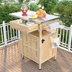 40.5" Outdoor Grill Cart - Stainless Steel Top, Solid Fir Wood, Drop Leaf, Drawer, Lockable Wheels, 230 lbs Capacity