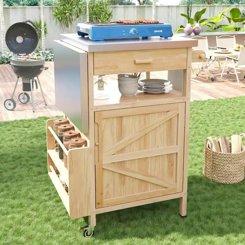 40.5" Outdoor Grill Cart - Stainless Steel Top, Solid Fir Wood, Drop Leaf, Drawer, Lockable Wheels, 230 lbs Capacity