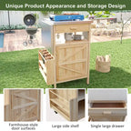 40.5" Outdoor Grill Cart - Stainless Steel Top, Solid Fir Wood, Drop Leaf, Drawer, Lockable Wheels, 230 lbs Capacity