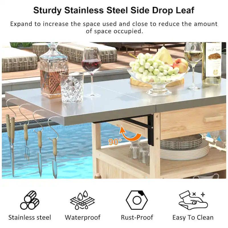 40.5" Outdoor Grill Cart - Stainless Steel Top, Solid Fir Wood, Drop Leaf, Drawer, Lockable Wheels, 230 lbs Capacity