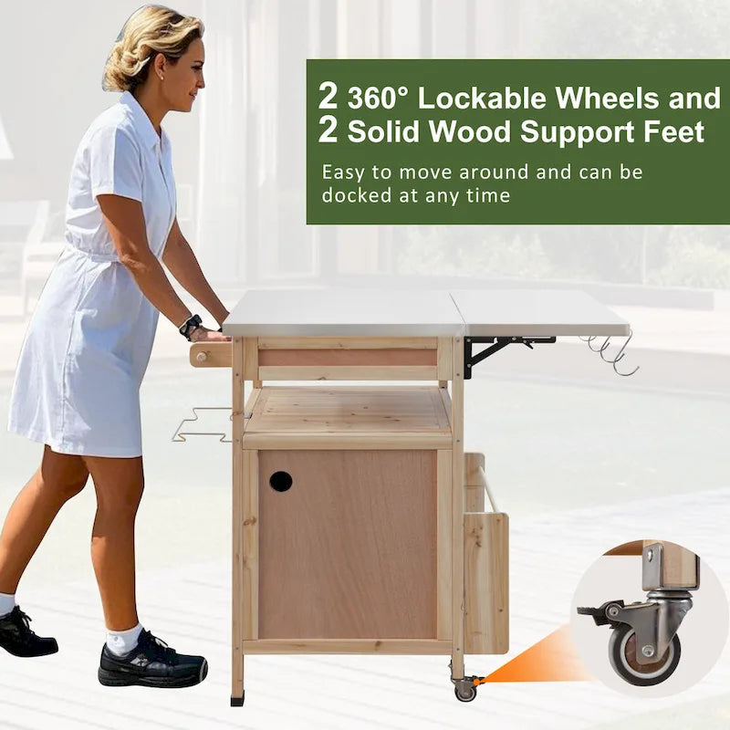 40.5" Outdoor Grill Cart - Stainless Steel Top, Solid Fir Wood, Drop Leaf, Drawer, Lockable Wheels, 230 lbs Capacity