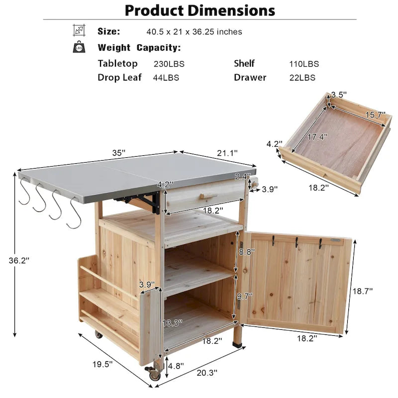 40.5" Outdoor Grill Cart - Stainless Steel Top, Solid Fir Wood, Drop Leaf, Drawer, Lockable Wheels, 230 lbs Capacity