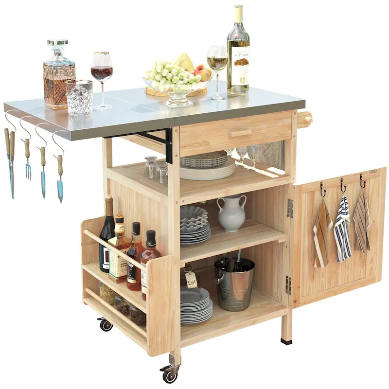 40.5" Outdoor Grill Cart - Stainless Steel Top, Solid Fir Wood, Drop Leaf, Drawer, Lockable Wheels, 230 lbs Capacity