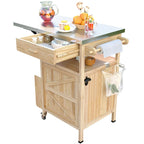 40.5" Outdoor Grill Cart - Stainless Steel Top, Solid Fir Wood, Drop Leaf, Drawer, Lockable Wheels, 230 lbs Capacity