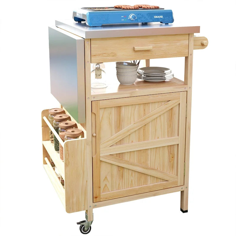 40.5" Outdoor Grill Cart - Stainless Steel Top, Solid Fir Wood, Drop Leaf, Drawer, Lockable Wheels, 230 lbs Capacity