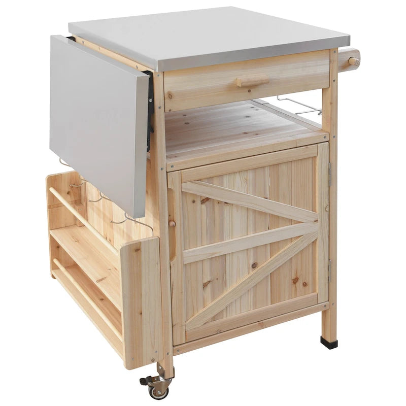 40.5" Outdoor Grill Cart - Stainless Steel Top, Solid Fir Wood, Drop Leaf, Drawer, Lockable Wheels, 230 lbs Capacity