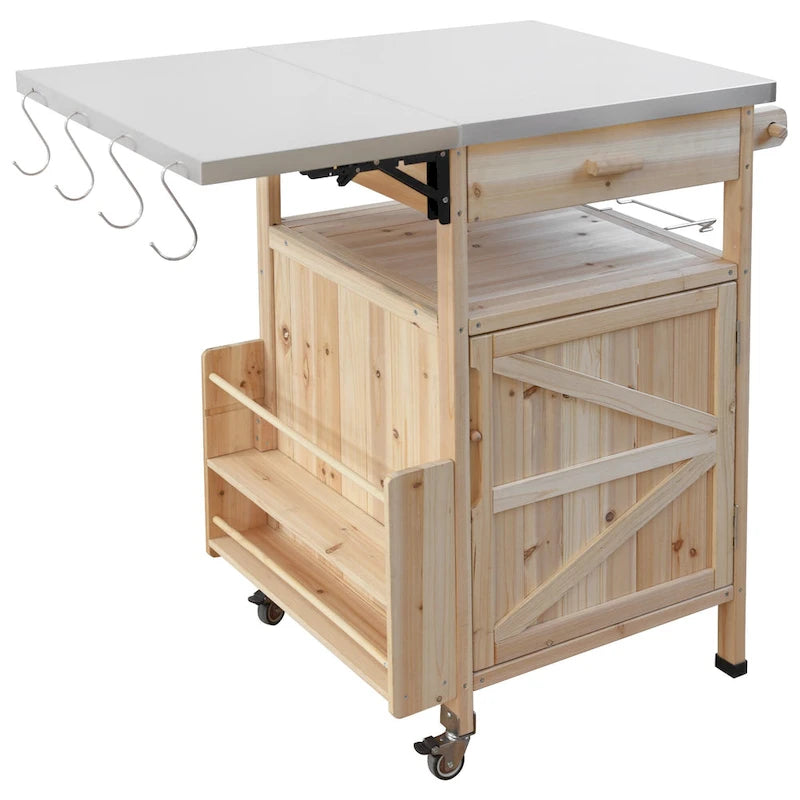 40.5" Outdoor Grill Cart - Stainless Steel Top, Solid Fir Wood, Drop Leaf, Drawer, Lockable Wheels, 230 lbs Capacity